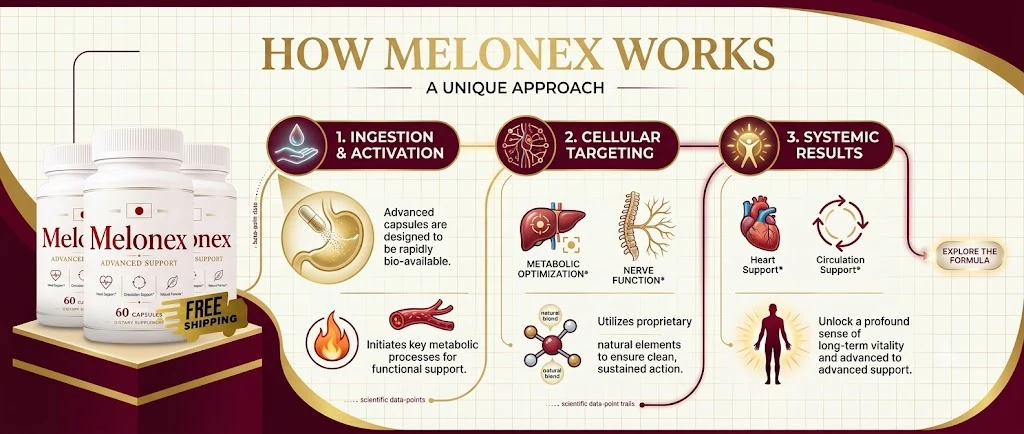 How Melonex works: ingestion and activation, cellular targeting and systemic results, as shown in the vendor graphic